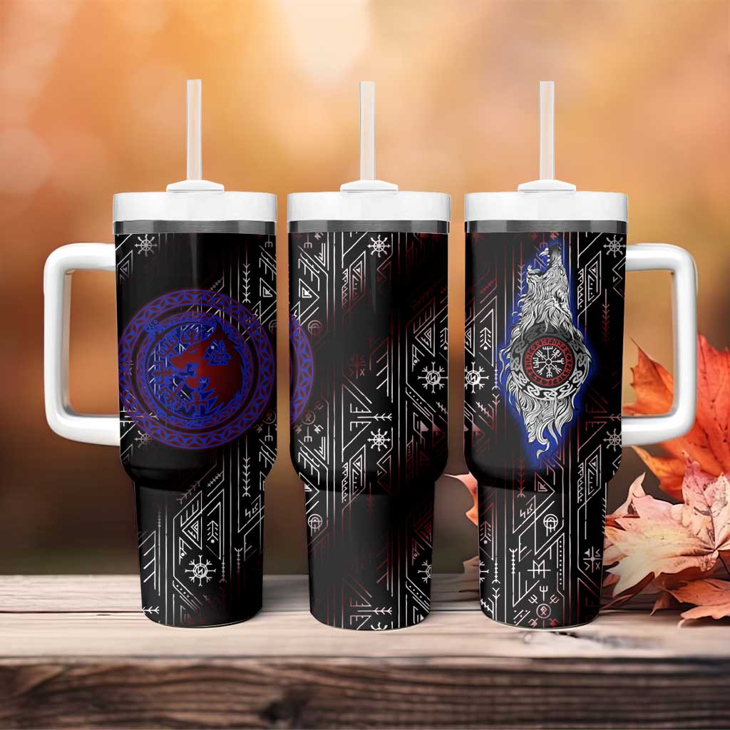 Fenrir Wolf Viking Tumbler With Handle with Vegvisir Runes and Red Circle Norse Legend Tribute - Wonder Print Shop