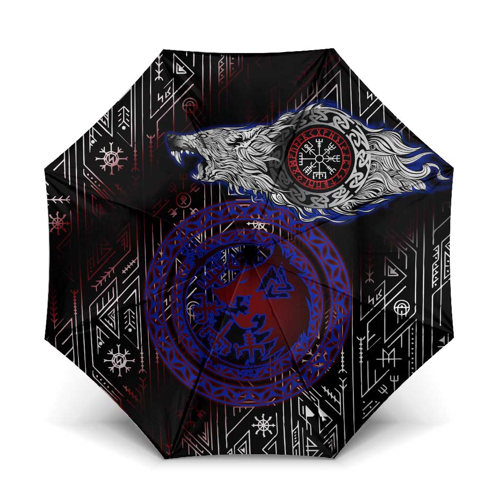 Fenrir Wolf Viking Umbrella with Vegvisir Runes and Red Circle Norse Legend Tribute - Wonder Print Shop
