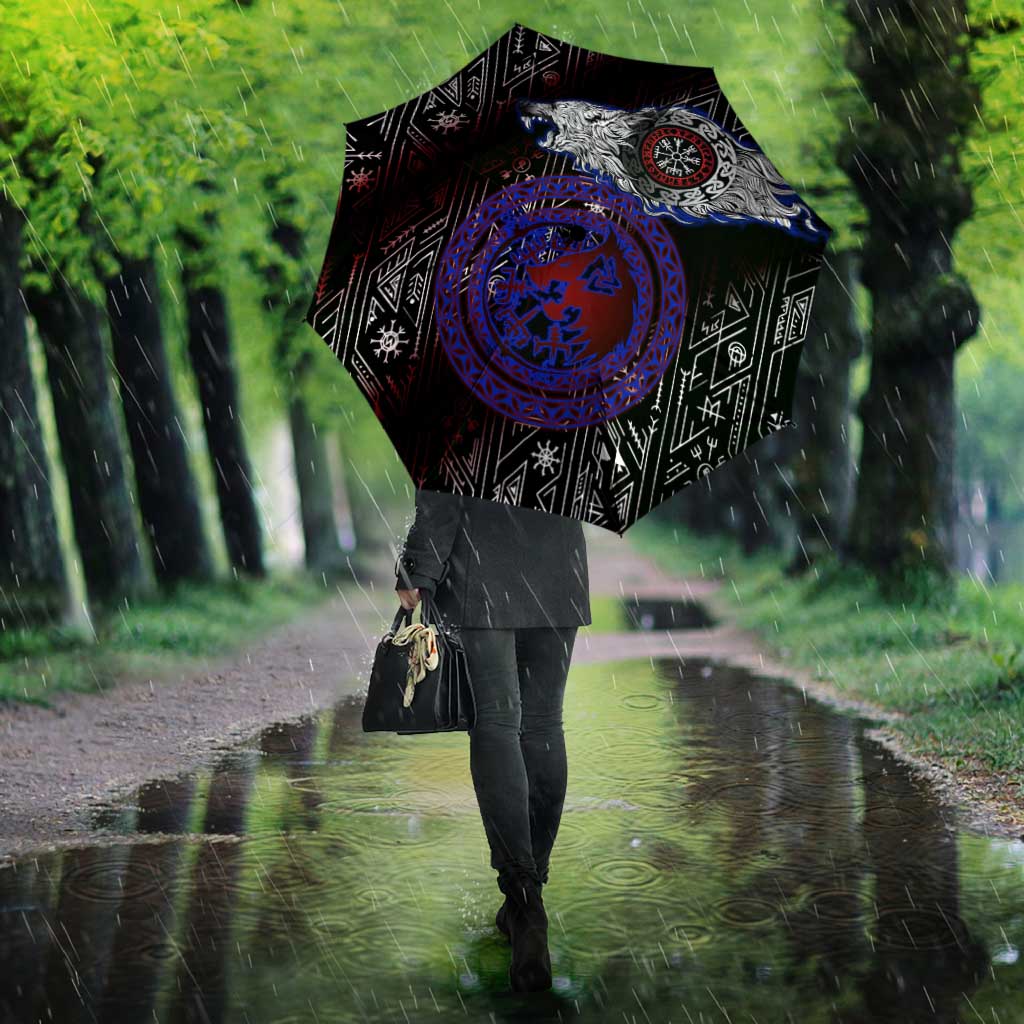 Fenrir Wolf Viking Umbrella with Vegvisir Runes and Red Circle Norse Legend Tribute - Wonder Print Shop