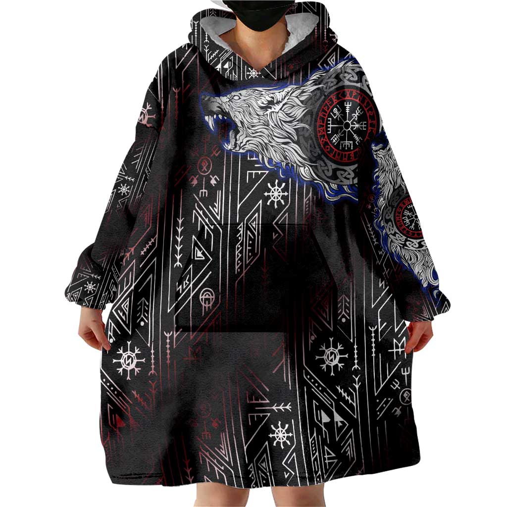 Fenrir Wolf Viking Wearable Blanket Hoodie with Vegvisir Runes and Red Circle Norse Legend Tribute - Wonder Print Shop