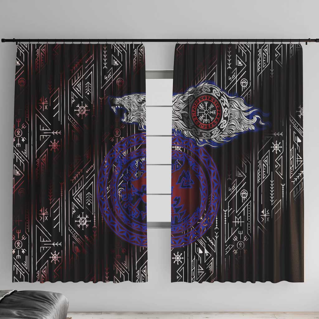 Fenrir Wolf Viking Window Curtain with Vegvisir Runes and Red Circle Norse Legend Tribute - Wonder Print Shop