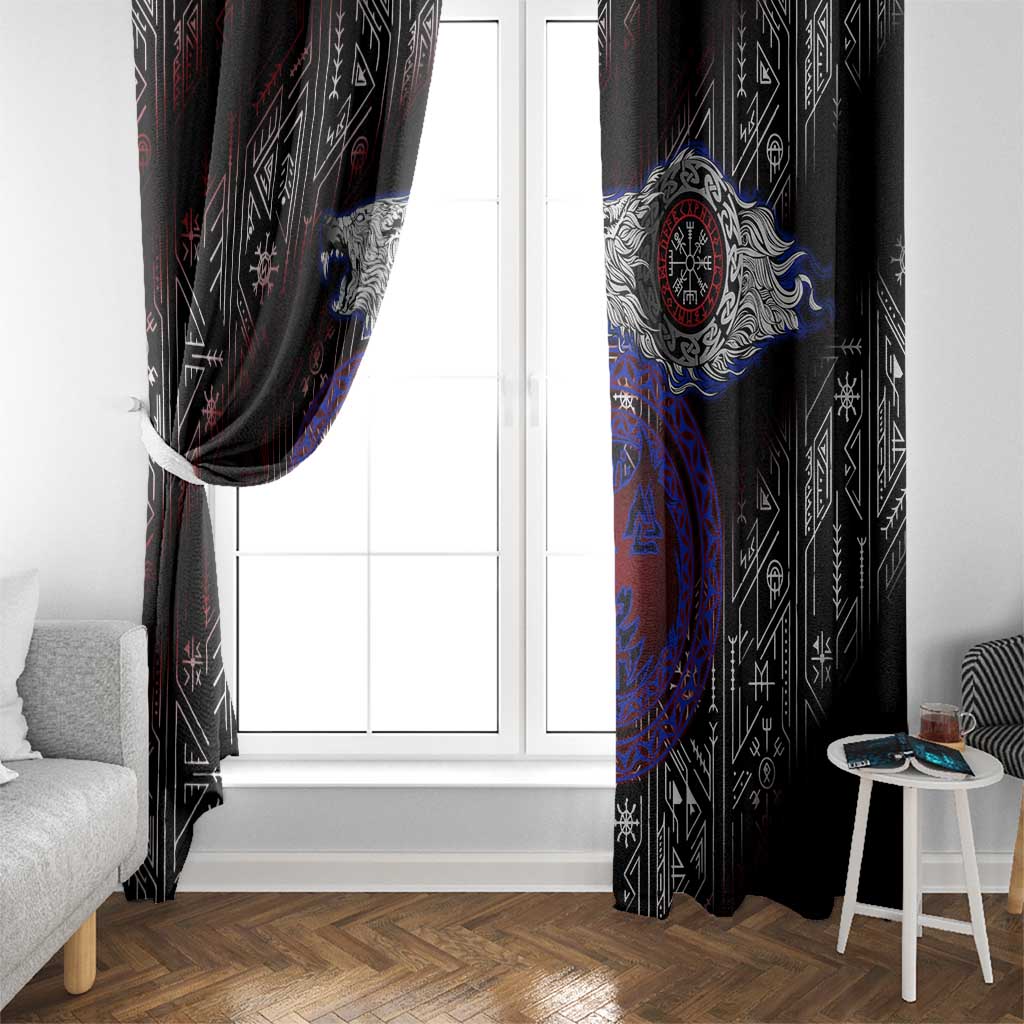 Fenrir Wolf Viking Window Curtain with Vegvisir Runes and Red Circle Norse Legend Tribute - Wonder Print Shop