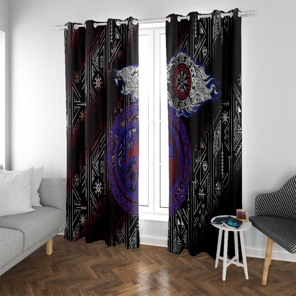 Fenrir Wolf Viking Window Curtain with Vegvisir Runes and Red Circle Norse Legend Tribute - Wonder Print Shop