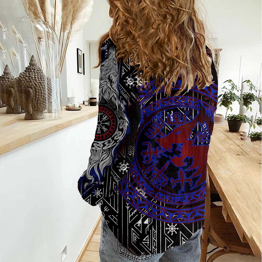Fenrir Wolf Viking Women Casual Shirt with Vegvisir Runes and Red Circle Norse Legend Tribute - Wonder Print Shop