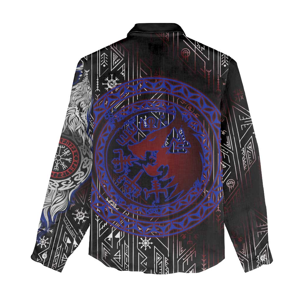 Fenrir Wolf Viking Women Casual Shirt with Vegvisir Runes and Red Circle Norse Legend Tribute - Wonder Print Shop