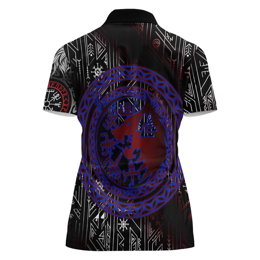 Fenrir Wolf Viking Women Polo Shirt with Vegvisir Runes and Red Circle Norse Legend Tribute - Wonder Print Shop