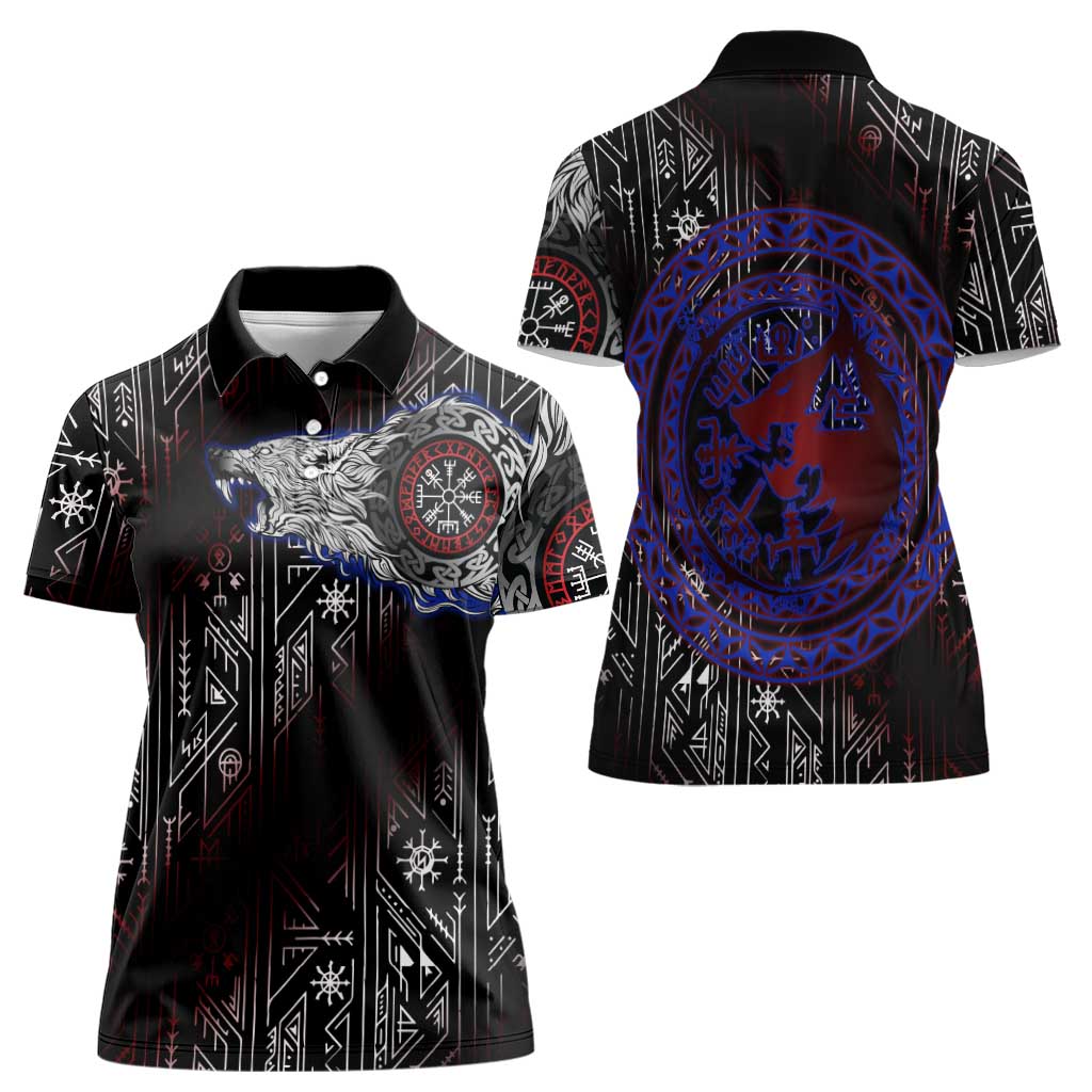Fenrir Wolf Viking Women Polo Shirt with Vegvisir Runes and Red Circle Norse Legend Tribute - Wonder Print Shop