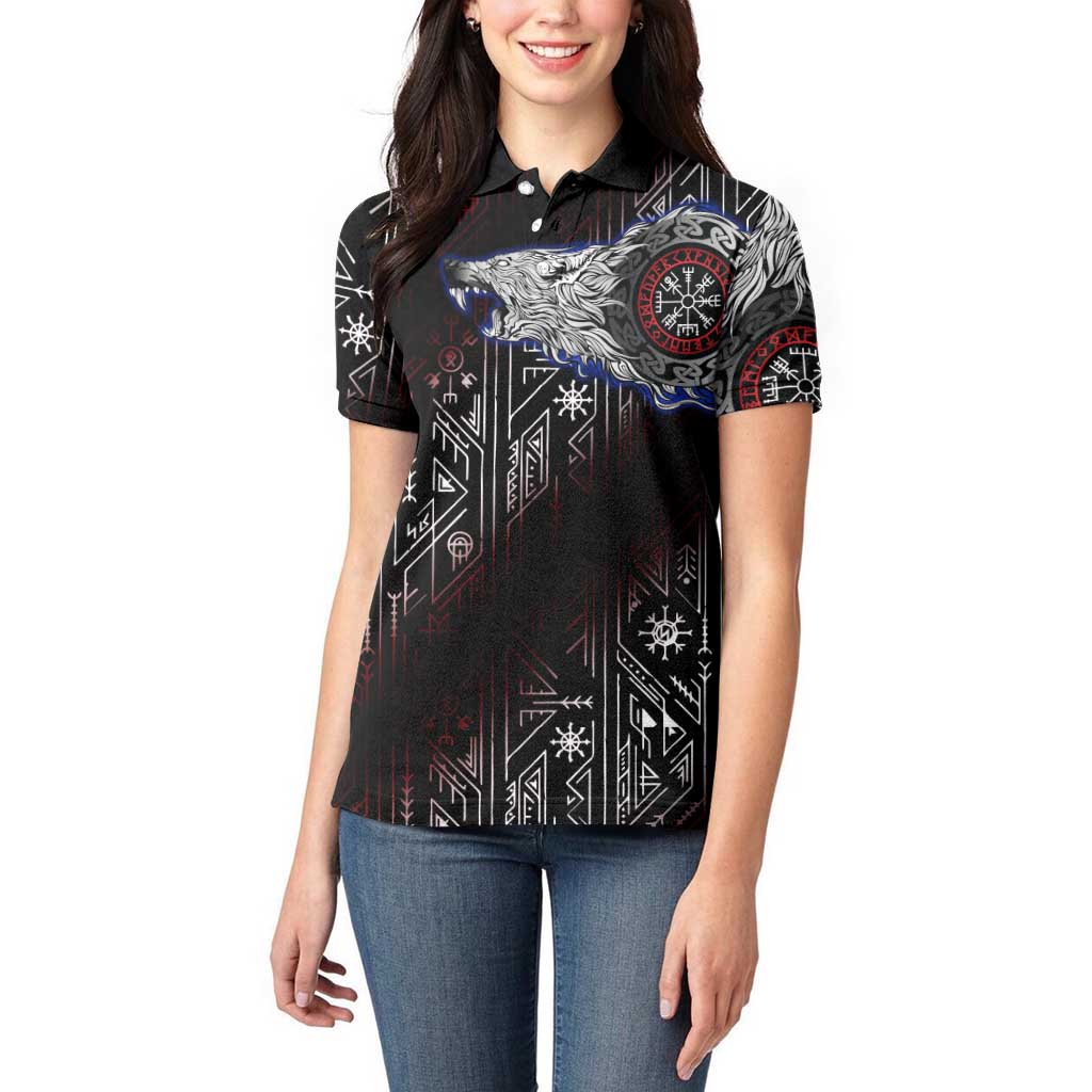 Fenrir Wolf Viking Women Polo Shirt with Vegvisir Runes and Red Circle Norse Legend Tribute - Wonder Print Shop