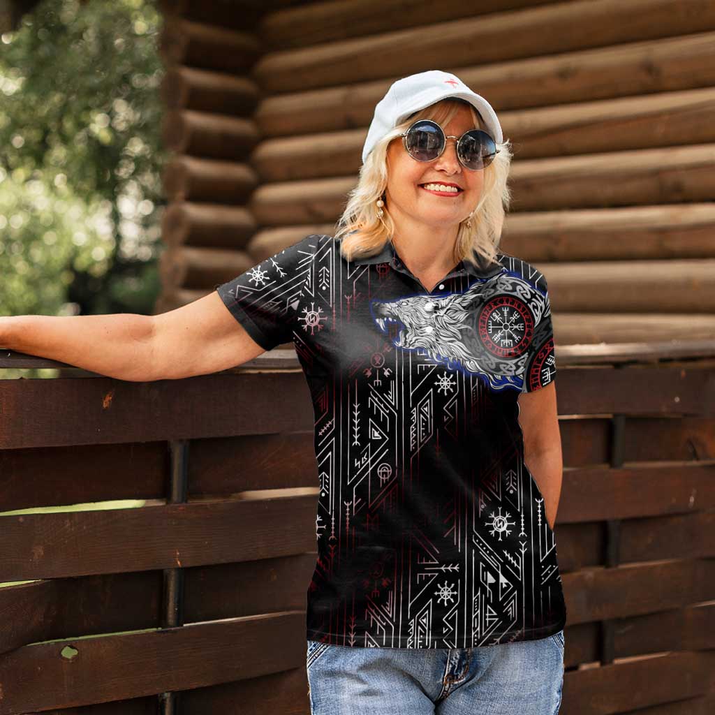 Fenrir Wolf Viking Women Polo Shirt with Vegvisir Runes and Red Circle Norse Legend Tribute - Wonder Print Shop