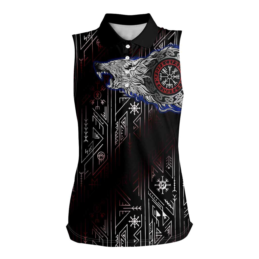 Fenrir Wolf Viking Women Sleeveless Polo Shirt with Vegvisir Runes and Red Circle Norse Legend Tribute - Wonder Print Shop