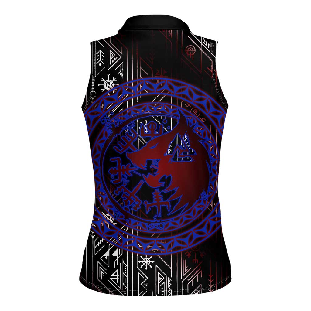 Fenrir Wolf Viking Women Sleeveless Polo Shirt with Vegvisir Runes and Red Circle Norse Legend Tribute - Wonder Print Shop