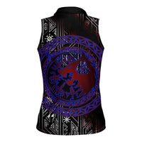 Fenrir Wolf Viking Women Sleeveless Polo Shirt with Vegvisir Runes and Red Circle Norse Legend Tribute - Wonder Print Shop