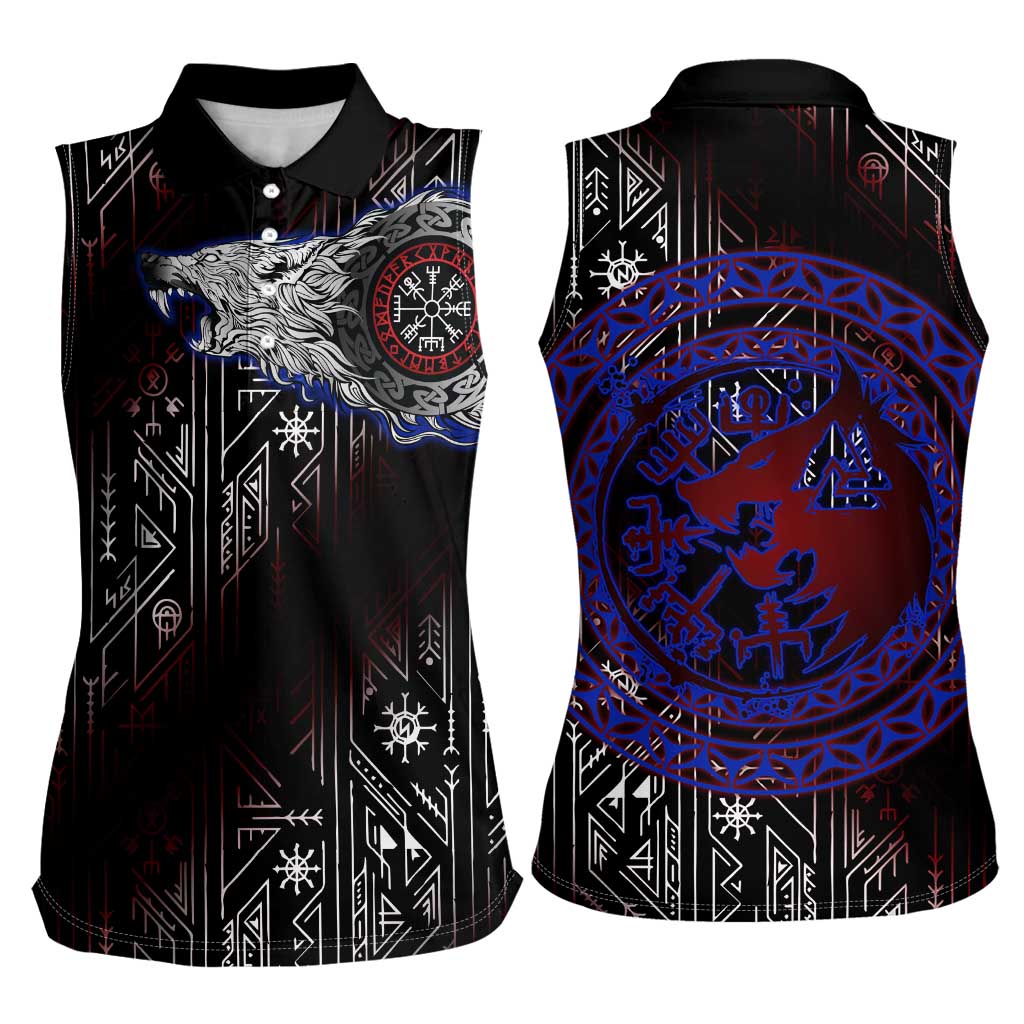 Fenrir Wolf Viking Women Sleeveless Polo Shirt with Vegvisir Runes and Red Circle Norse Legend Tribute - Wonder Print Shop