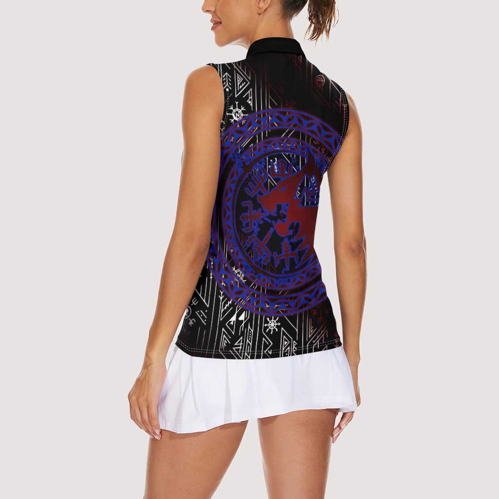 Fenrir Wolf Viking Women Sleeveless Polo Shirt with Vegvisir Runes and Red Circle Norse Legend Tribute - Wonder Print Shop