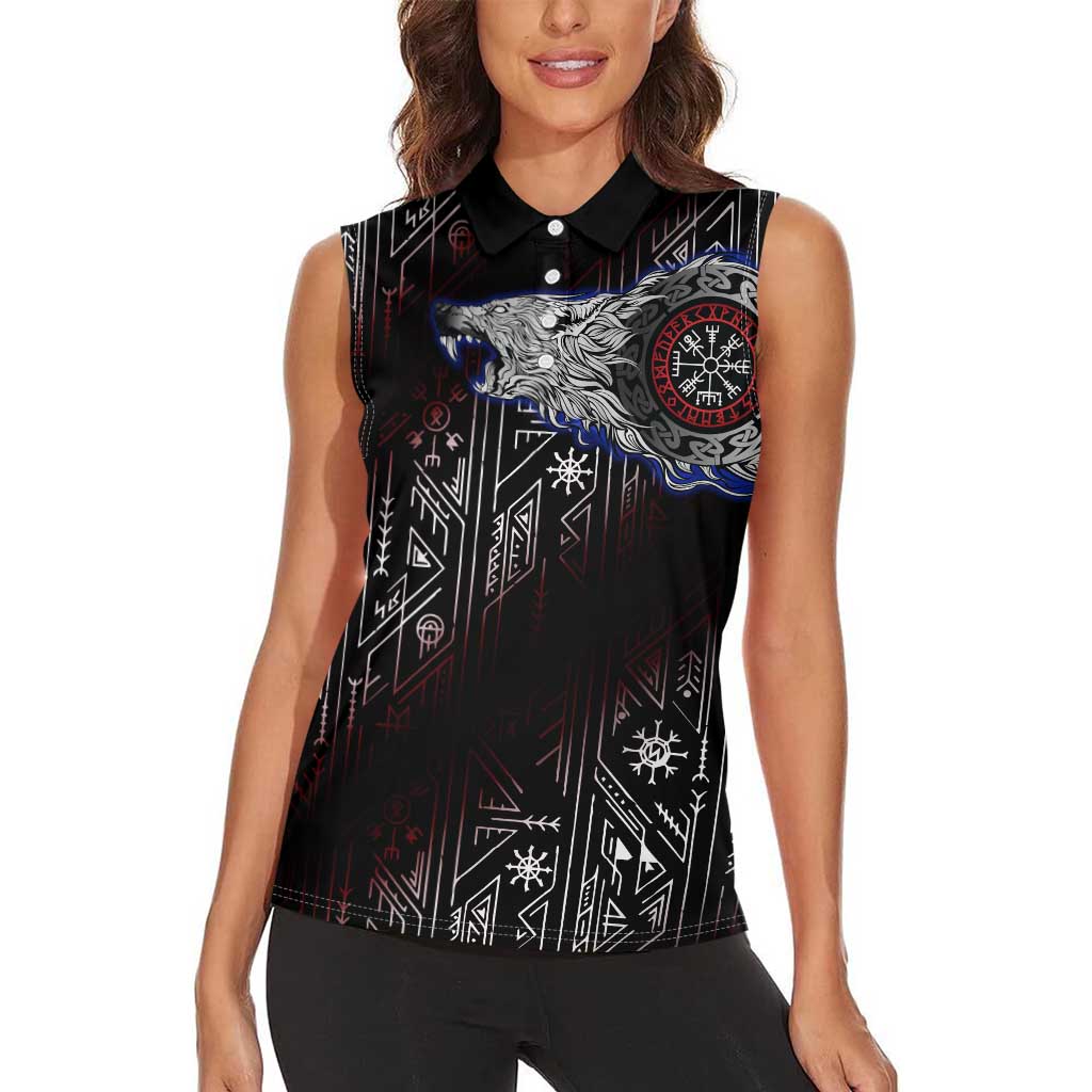 Fenrir Wolf Viking Women Sleeveless Polo Shirt with Vegvisir Runes and Red Circle Norse Legend Tribute - Wonder Print Shop