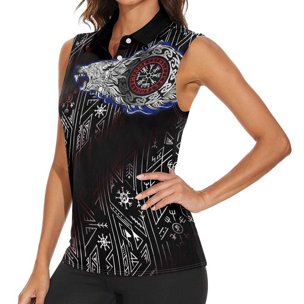Fenrir Wolf Viking Women Sleeveless Polo Shirt with Vegvisir Runes and Red Circle Norse Legend Tribute - Wonder Print Shop