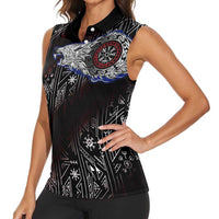 Fenrir Wolf Viking Women Sleeveless Polo Shirt with Vegvisir Runes and Red Circle Norse Legend Tribute - Wonder Print Shop