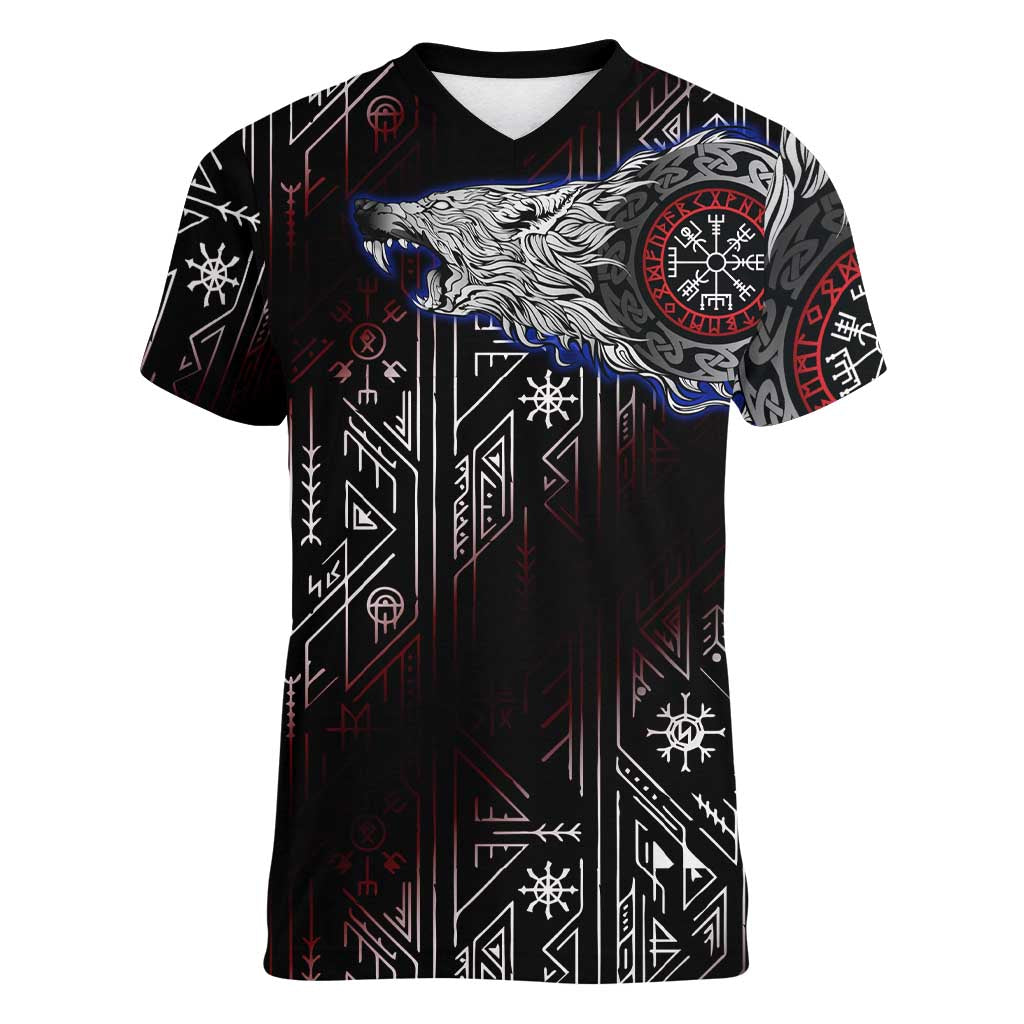Fenrir Wolf Viking Women V-Neck T-Shirt with Vegvisir Runes and Red Circle Norse Legend Tribute - Wonder Print Shop