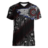 Fenrir Wolf Viking Women V-Neck T-Shirt with Vegvisir Runes and Red Circle Norse Legend Tribute - Wonder Print Shop