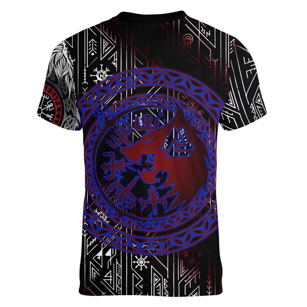 Fenrir Wolf Viking Women V-Neck T-Shirt with Vegvisir Runes and Red Circle Norse Legend Tribute - Wonder Print Shop