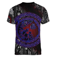 Fenrir Wolf Viking Women V-Neck T-Shirt with Vegvisir Runes and Red Circle Norse Legend Tribute - Wonder Print Shop