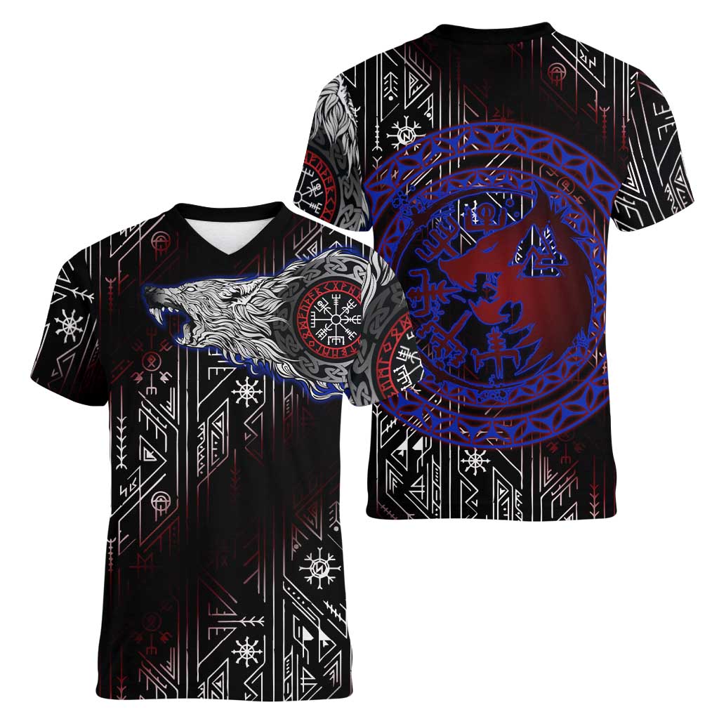 Fenrir Wolf Viking Women V-Neck T-Shirt with Vegvisir Runes and Red Circle Norse Legend Tribute - Wonder Print Shop