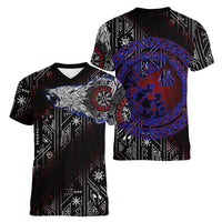 Fenrir Wolf Viking Women V-Neck T-Shirt with Vegvisir Runes and Red Circle Norse Legend Tribute - Wonder Print Shop