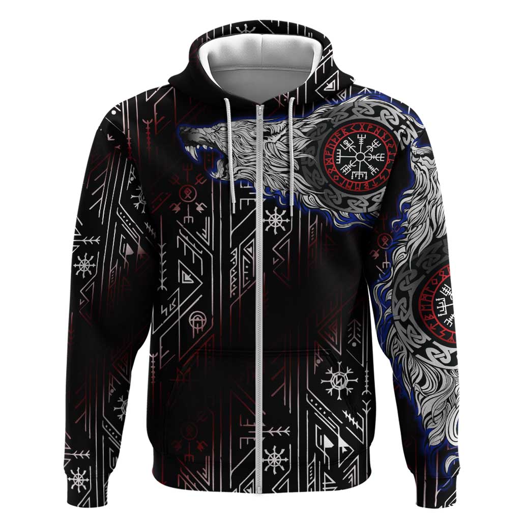 Fenrir Wolf Viking Zip Hoodie with Vegvisir Runes and Red Circle Norse Legend Tribute - Wonder Print Shop