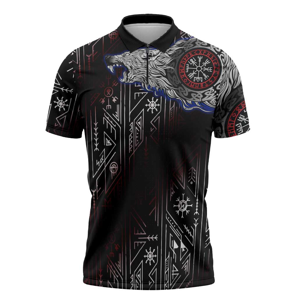 Fenrir Wolf Viking Zipper Polo Shirt with Vegvisir Runes and Red Circle Norse Legend Tribute - Wonder Print Shop