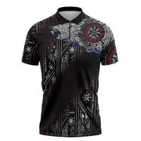 Fenrir Wolf Viking Zipper Polo Shirt with Vegvisir Runes and Red Circle Norse Legend Tribute - Wonder Print Shop