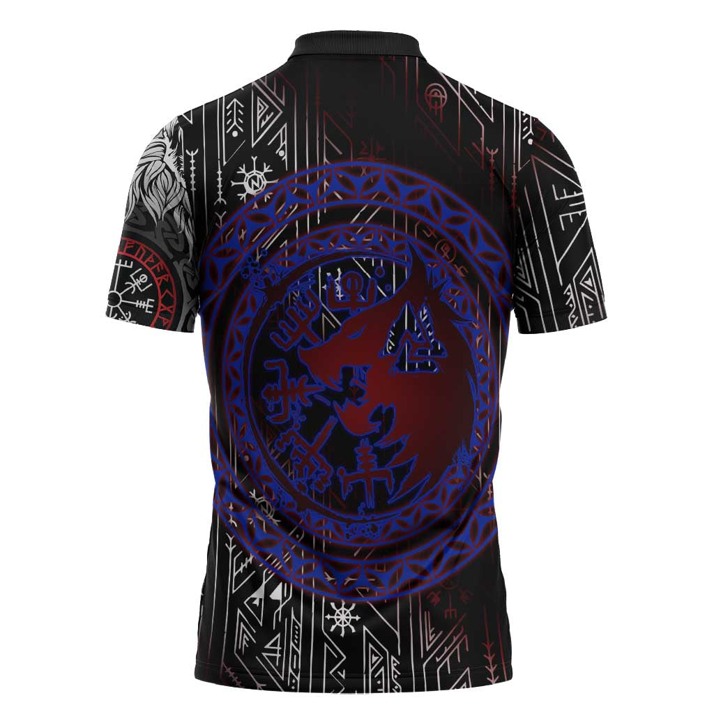 Fenrir Wolf Viking Zipper Polo Shirt with Vegvisir Runes and Red Circle Norse Legend Tribute - Wonder Print Shop
