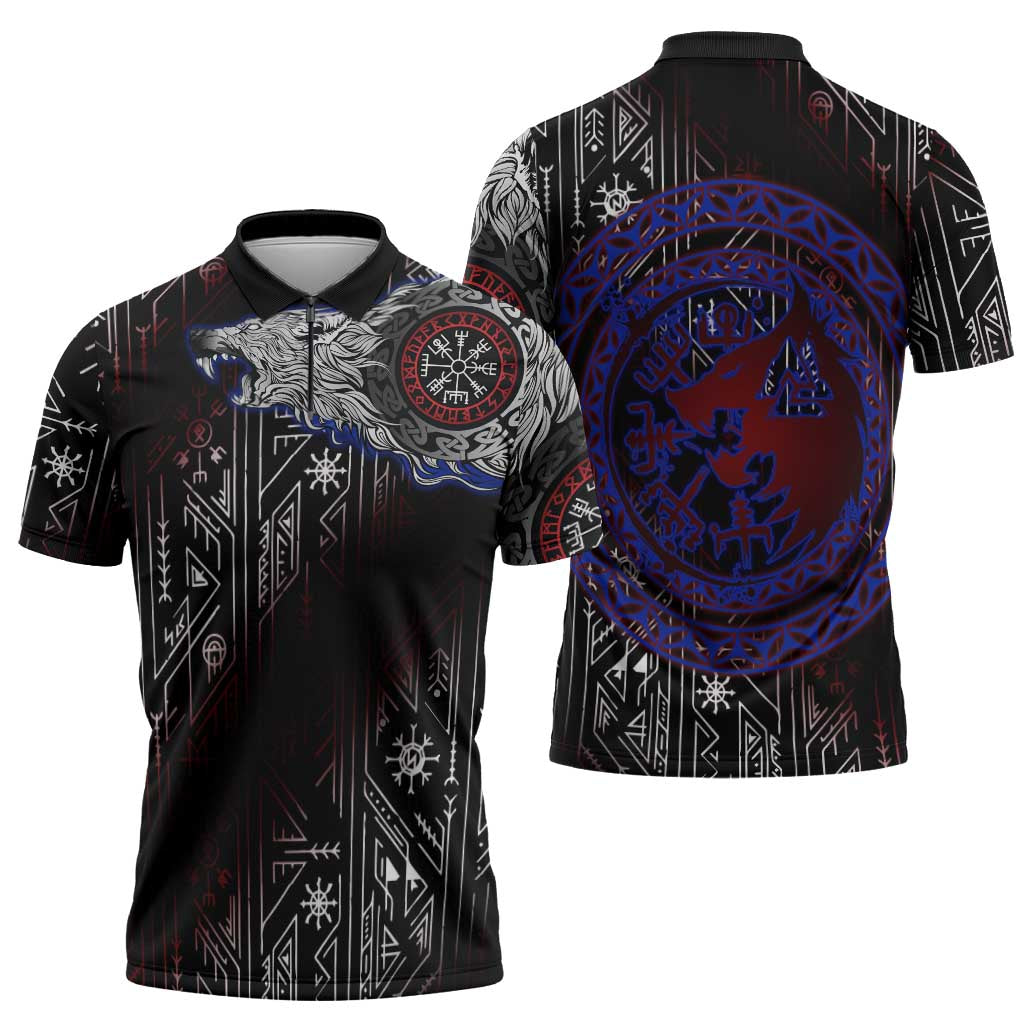 Fenrir Wolf Viking Zipper Polo Shirt with Vegvisir Runes and Red Circle Norse Legend Tribute - Wonder Print Shop