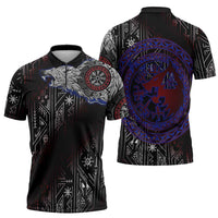 Fenrir Wolf Viking Zipper Polo Shirt with Vegvisir Runes and Red Circle Norse Legend Tribute - Wonder Print Shop