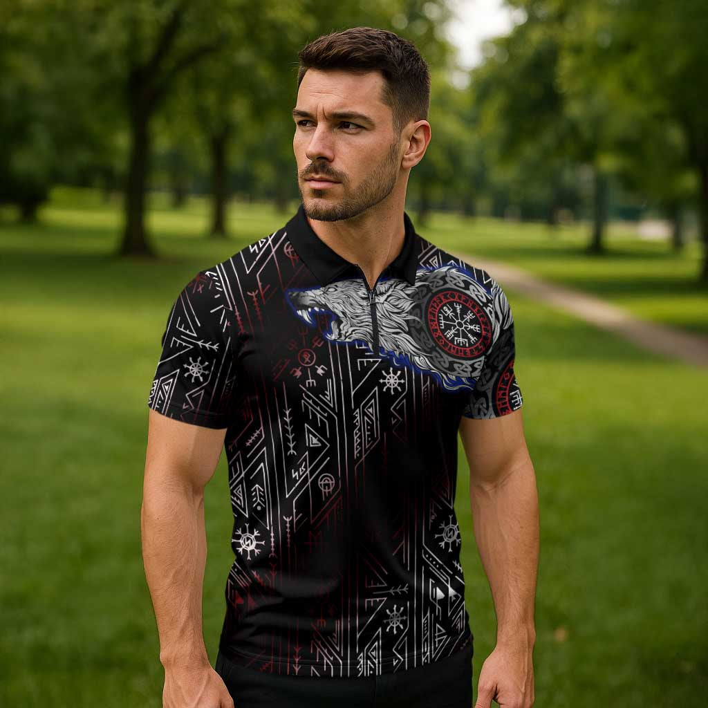 Fenrir Wolf Viking Zipper Polo Shirt with Vegvisir Runes and Red Circle Norse Legend Tribute - Wonder Print Shop
