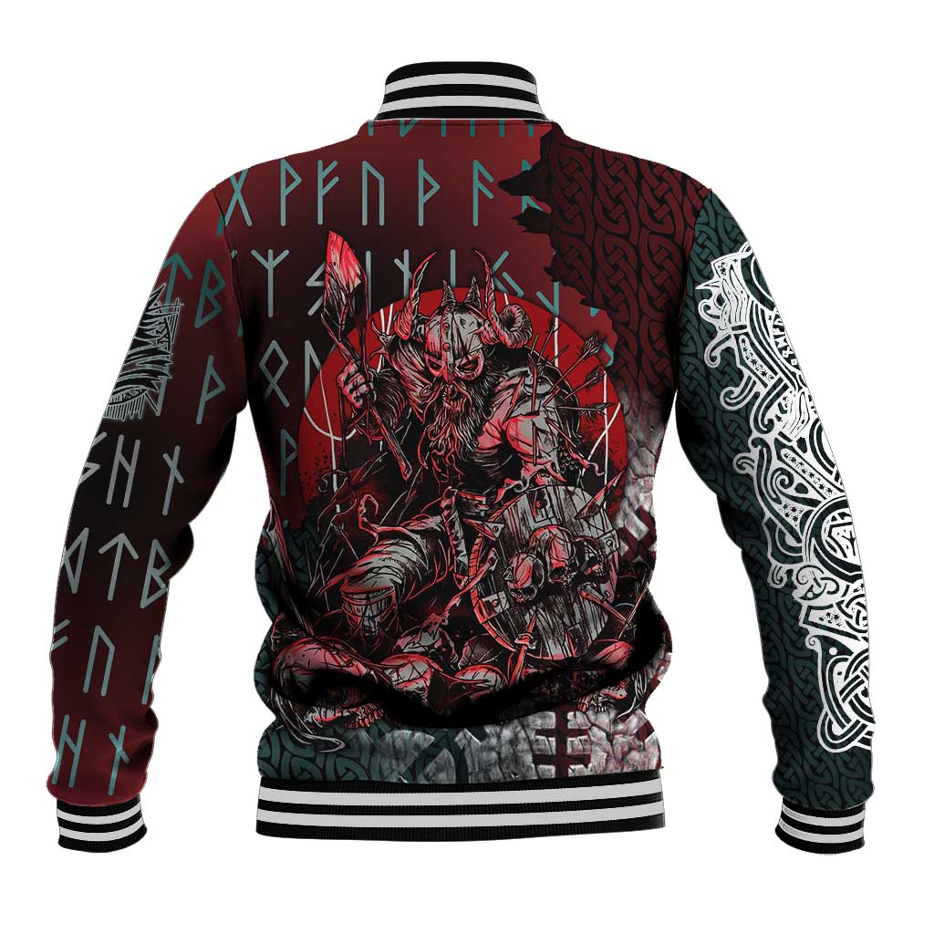 Viking Warrior Baseball Jacket with Runes and Blood Battle Scene Norse Valor Tribute - Wonder Print Shop