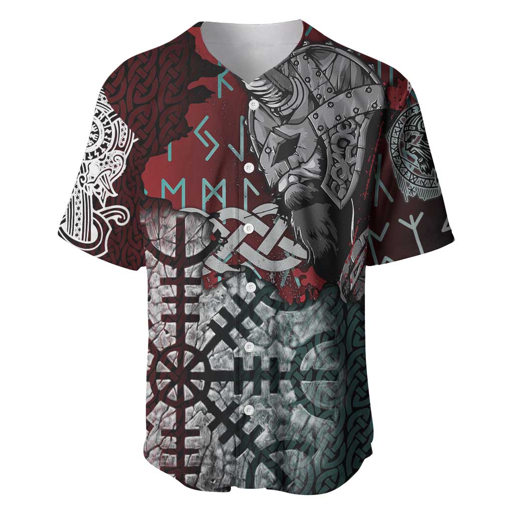 Viking Warrior Baseball Jersey with Runes and Blood Battle Scene Norse Valor Tribute - Wonder Print Shop