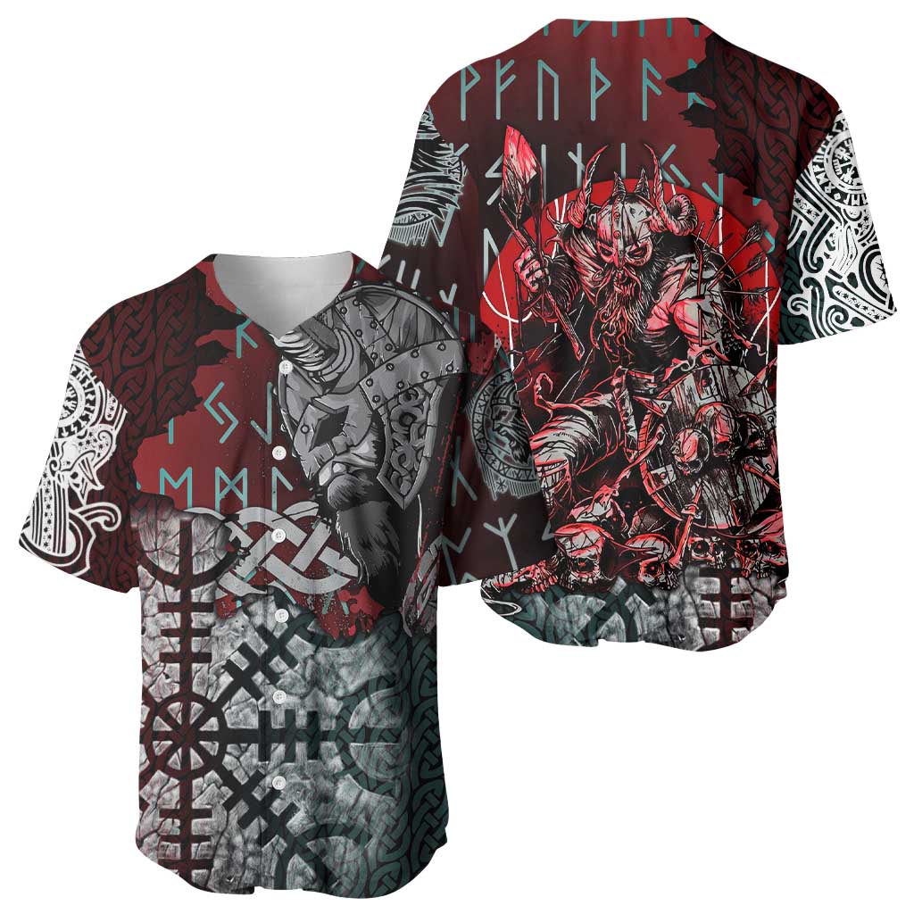 Viking Warrior Baseball Jersey with Runes and Blood Battle Scene Norse Valor Tribute - Wonder Print Shop