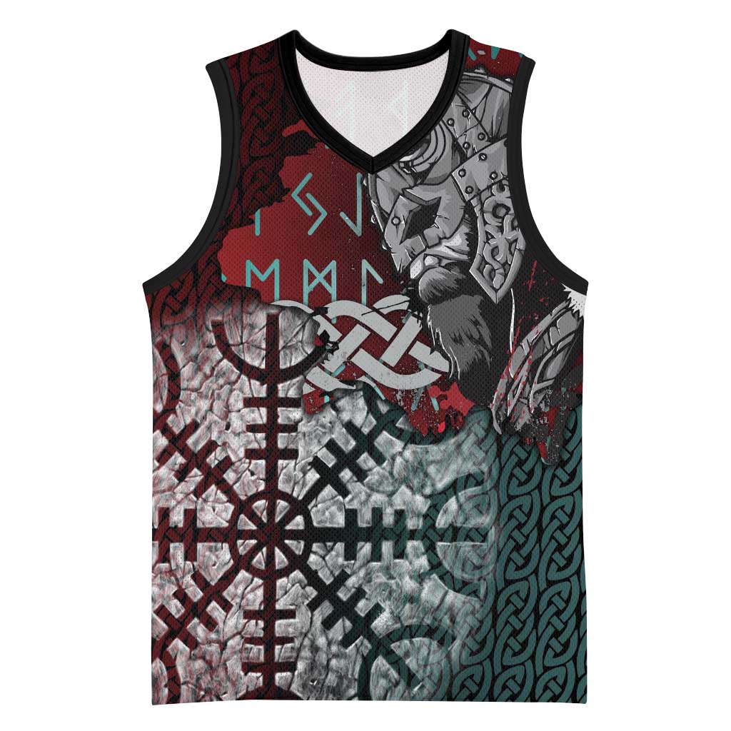 Viking Warrior Basketball Jersey with Runes and Blood Battle Scene Norse Valor Tribute - Wonder Print Shop