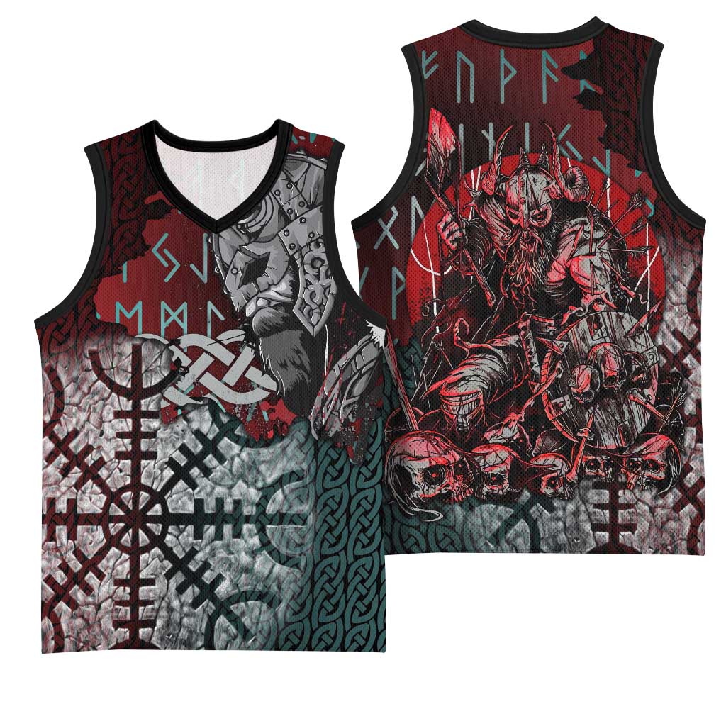 Viking Warrior Basketball Jersey with Runes and Blood Battle Scene Norse Valor Tribute - Wonder Print Shop
