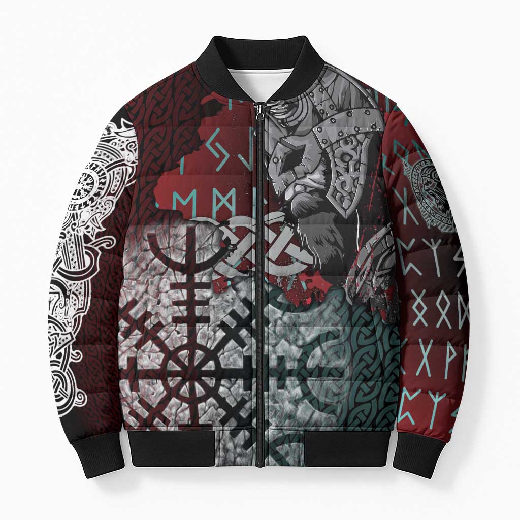 Viking Warrior Bomber Puffer Jacket with Runes and Blood Battle Scene Norse Valor Tribute - Wonder Print Shop