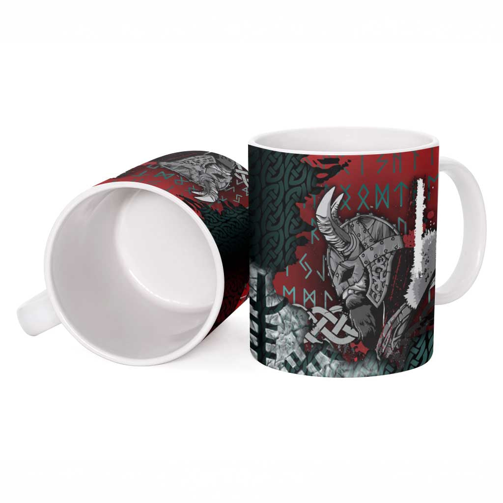 Viking Warrior Ceramic Mug with Runes and Blood Battle Scene Norse Valor Tribute - Wonder Print Shop