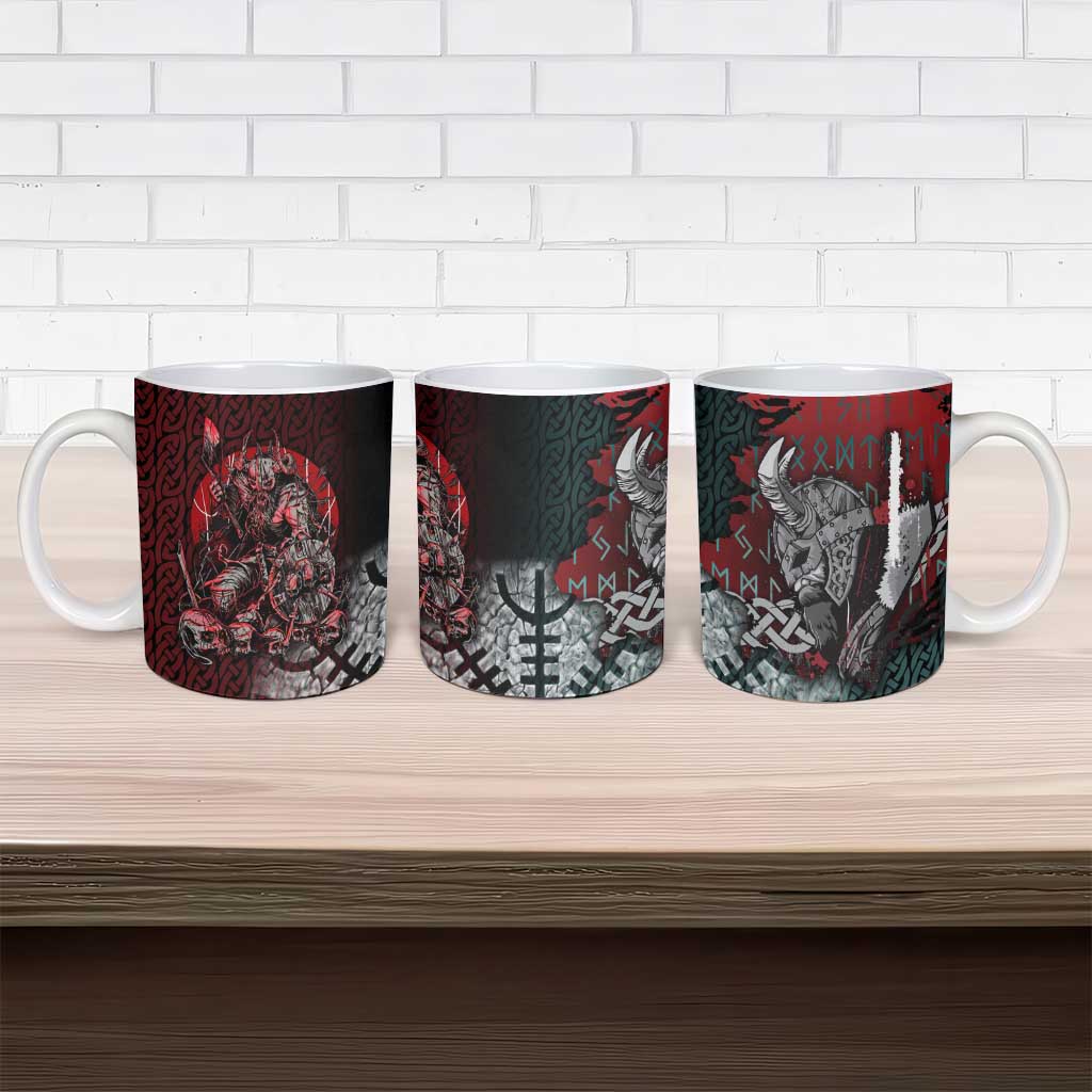 Viking Warrior Ceramic Mug with Runes and Blood Battle Scene Norse Valor Tribute - Wonder Print Shop