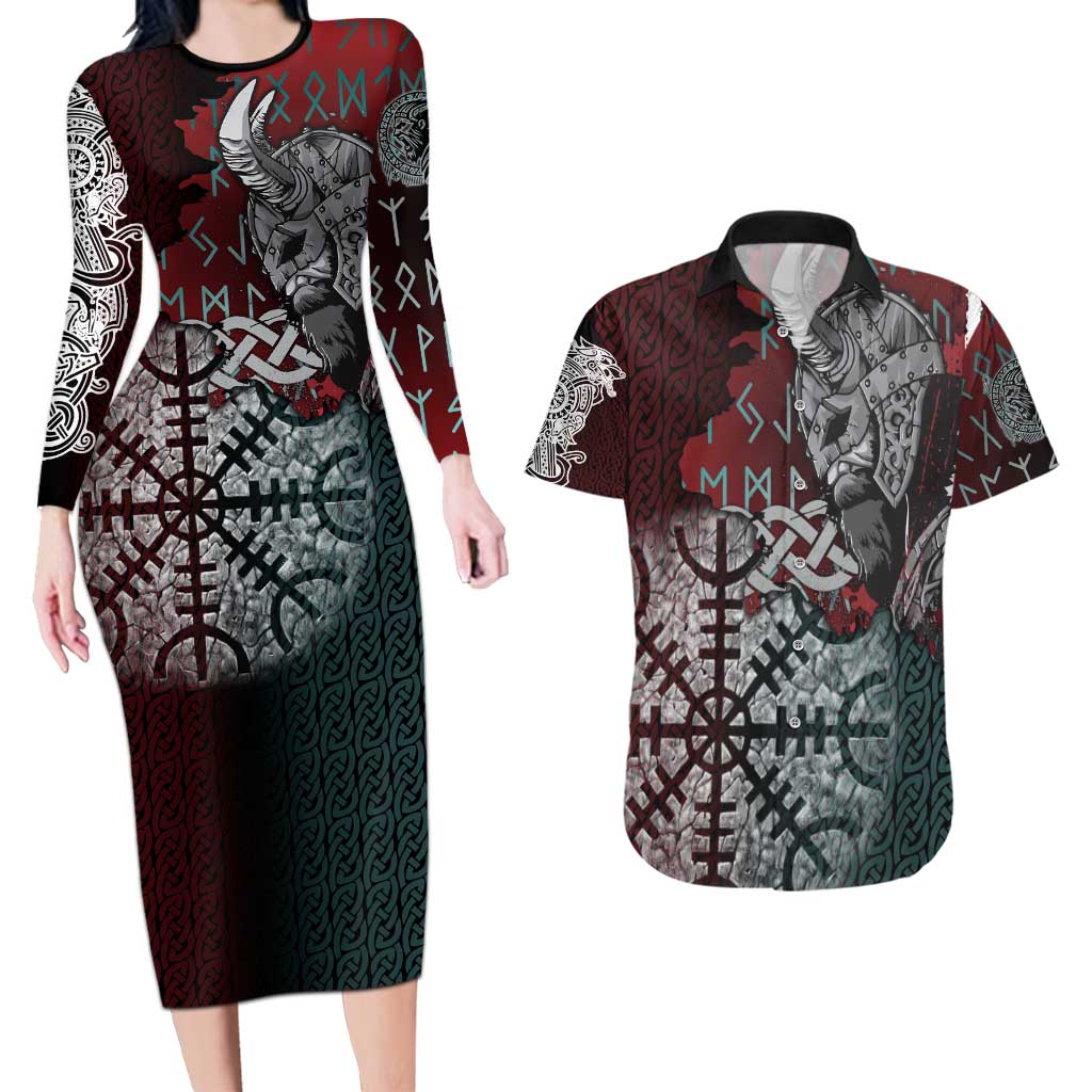 Viking Warrior Couples Matching Long Sleeve Bodycon Dress and Hawaiian Shirt with Runes and Blood Battle Scene Norse Valor Tribute - Wonder Print Shop