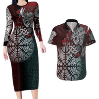 Viking Warrior Couples Matching Long Sleeve Bodycon Dress and Hawaiian Shirt with Runes and Blood Battle Scene Norse Valor Tribute - Wonder Print Shop