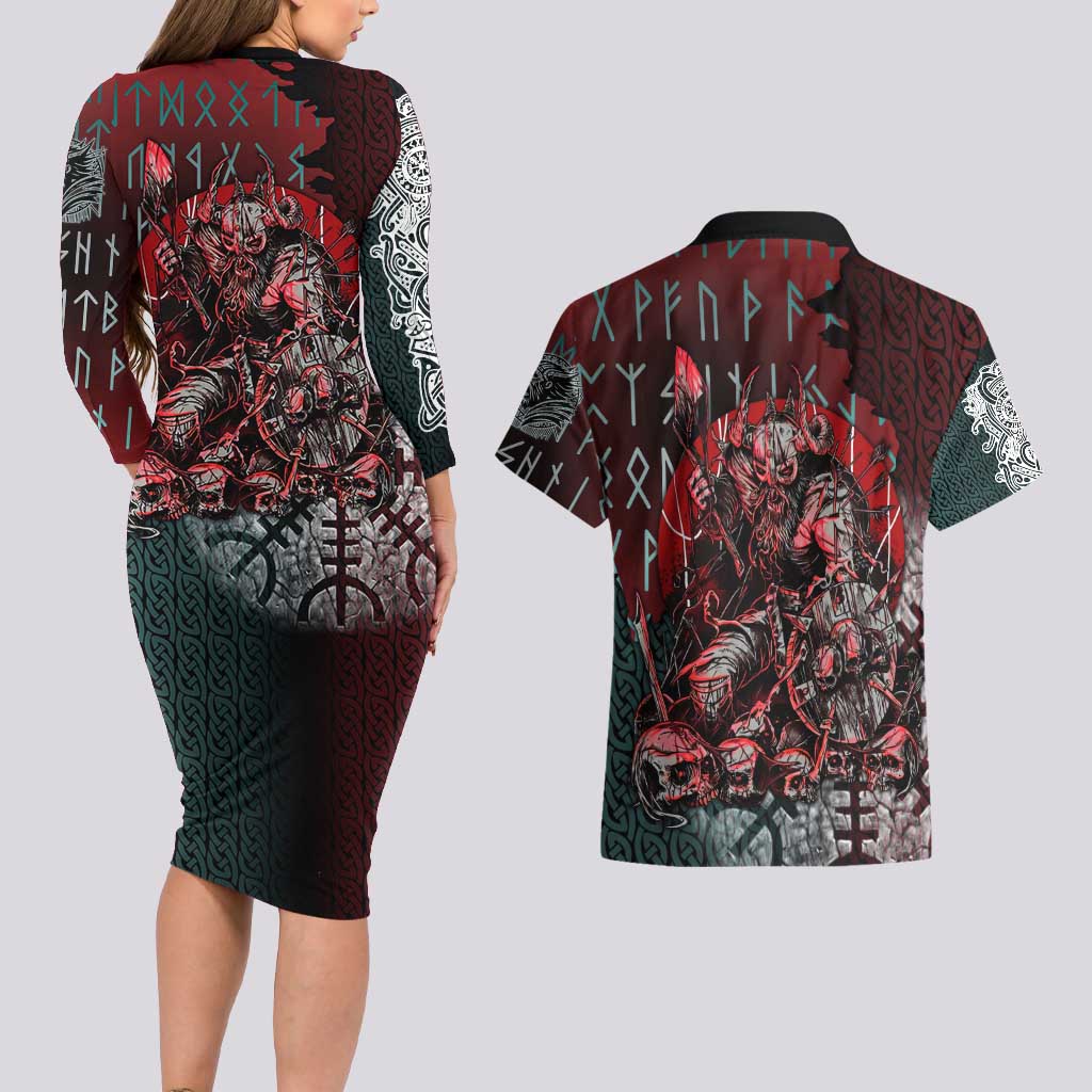 Viking Warrior Couples Matching Long Sleeve Bodycon Dress and Hawaiian Shirt with Runes and Blood Battle Scene Norse Valor Tribute - Wonder Print Shop
