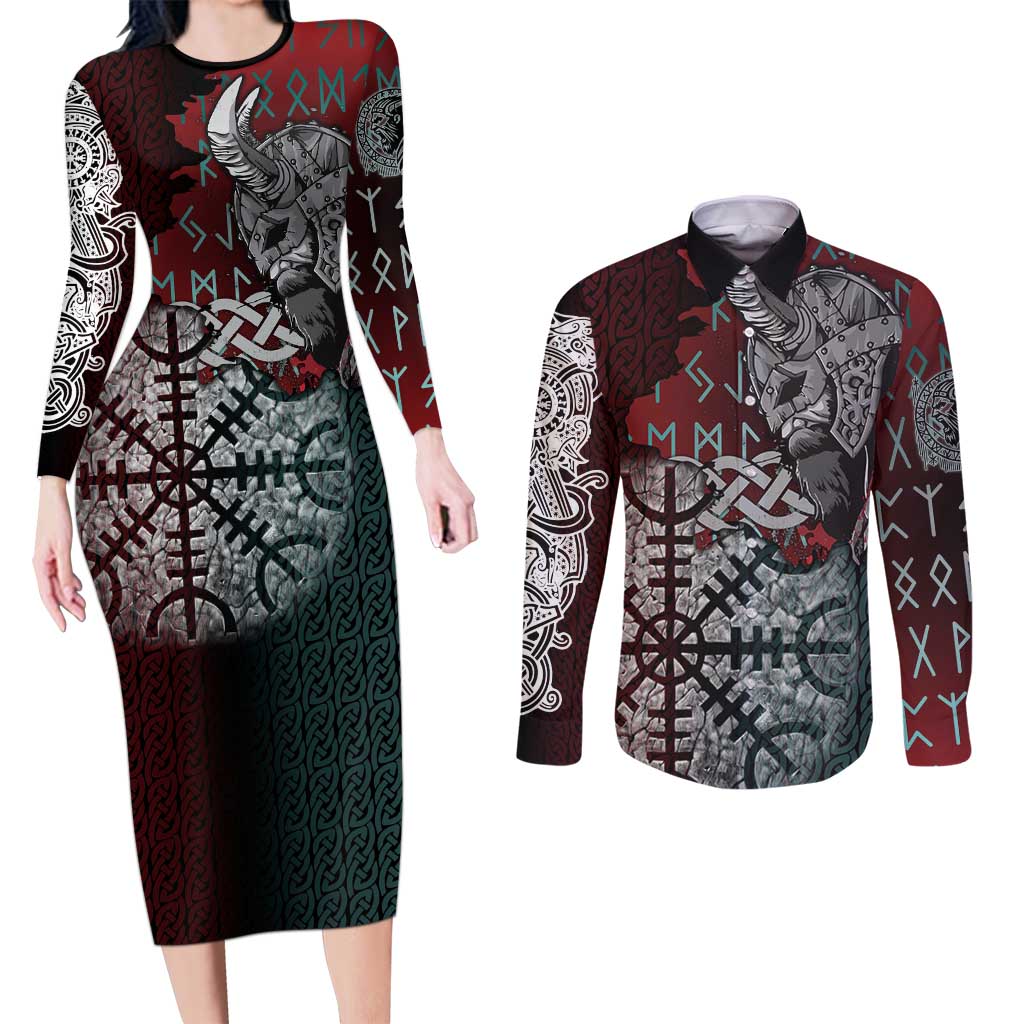 Viking Warrior Couples Matching Long Sleeve Bodycon Dress and Long Sleeve Button Shirt with Runes and Blood Battle Scene Norse Valor Tribute - Wonder Print Shop