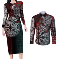 Viking Warrior Couples Matching Long Sleeve Bodycon Dress and Long Sleeve Button Shirt with Runes and Blood Battle Scene Norse Valor Tribute - Wonder Print Shop
