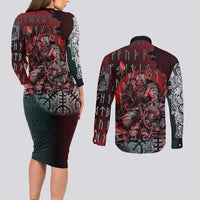 Viking Warrior Couples Matching Long Sleeve Bodycon Dress and Long Sleeve Button Shirt with Runes and Blood Battle Scene Norse Valor Tribute - Wonder Print Shop