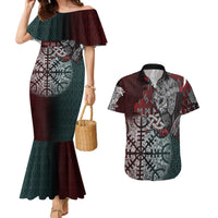 Viking Warrior Couples Matching Mermaid Dress and Hawaiian Shirt with Runes and Blood Battle Scene Norse Valor Tribute - Wonder Print Shop