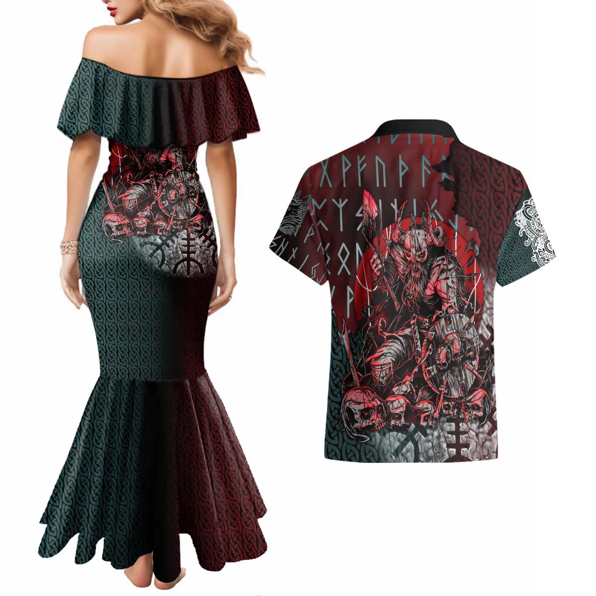 Viking Warrior Couples Matching Mermaid Dress and Hawaiian Shirt with Runes and Blood Battle Scene Norse Valor Tribute - Wonder Print Shop